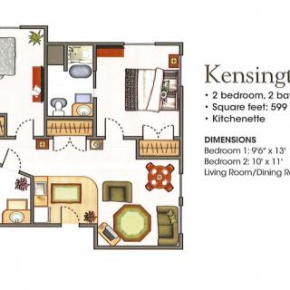 Kensington apartment floor plan featuring 2 bedrooms, 2 bathrooms, and a kitchenette within 990 square feet.