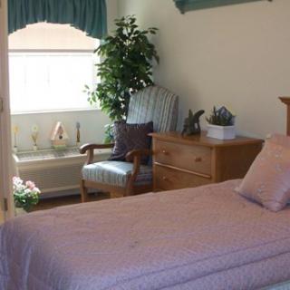 A cozy bedroom with a single bed, armchair, and a potted plant by the window.