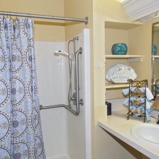 A neatly arranged bathroom with a shower area, decorative elements, and organized shelves.