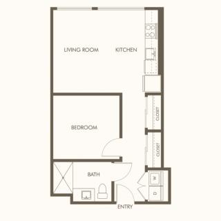 A simple floor plan of an apartment showing a bedroom, kitchen, living room, and bathroom.