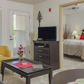 A cozy apartment interior featuring a living room with modern furniture and a view into the bedroom.