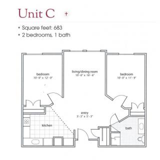 Floor plan of Unit C: 2 bedrooms, 1 bath, total area of 468 square feet.