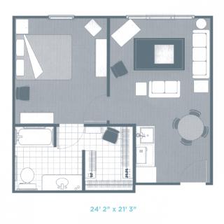 A minimalist one-bedroom apartment floor plan featuring a living area, kitchen, bathroom, and bedroom.