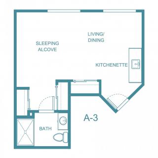 A floor plan of a studio apartment featuring a sleeping alcove, living and dining area, kitchenette, and bath.