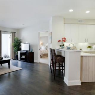 A modern open floor plan living space featuring a kitchen with bar stools and a cozy living room area with natural light.