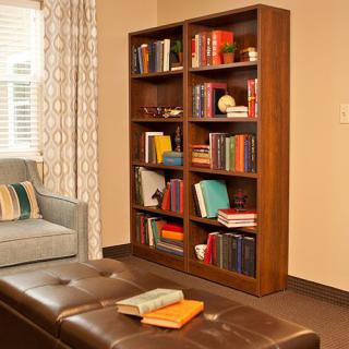 A cozy living room with a well-stocked bookshelf.