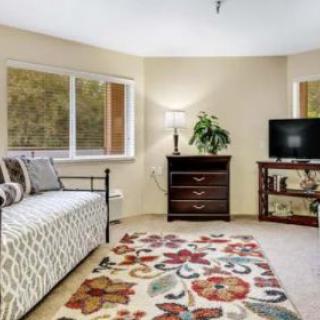 A cozy living room with a patterned rug, sofa, and television.
