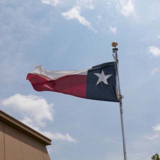 A Texas flag waving on a pole against a cloudy sky.