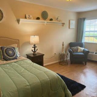 A cozy bedroom with a green bedspread, lamp, and natural light.