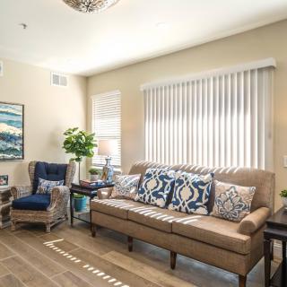 A sunlit living room with modern decor, featuring a cozy sofa adorned with patterned cushions and a comfortable armchair.