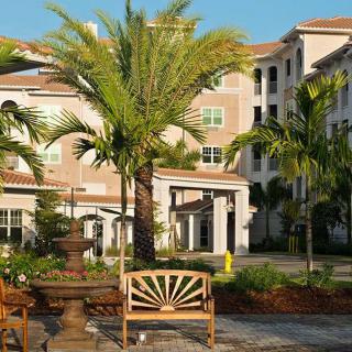 A scenic view of a building surrounded by palm trees and a garden with a wooden bench in the foreground.