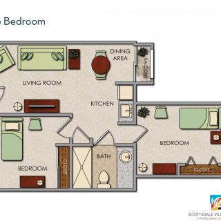 A two-bedroom apartment floor plan with a living room, kitchen, dining area, and bathroom.