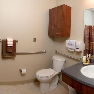 A well-organized bathroom with a toilet, sink, mirror, and handrails.