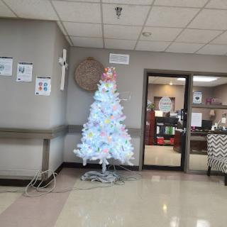 A beautifully decorated white Christmas tree in a care facility, spreading holiday cheer.