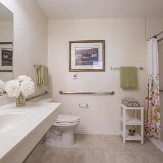 A clean and well-decorated bathroom with a shower, sink, and toilet.