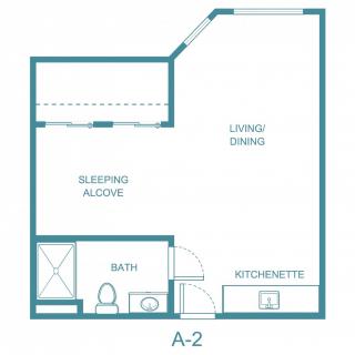 A studio apartment floor plan featuring a living/dining area, sleeping alcove, kitchenette, and bathroom.