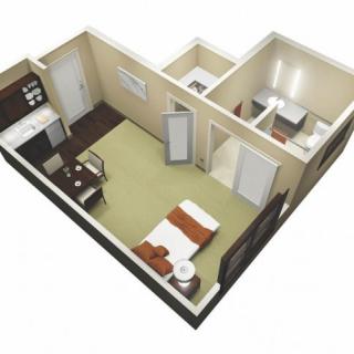 A 3D rendered floor plan of a one-bedroom apartment.