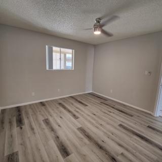An empty room with wood flooring, gray walls, a ceiling fan, and a window.