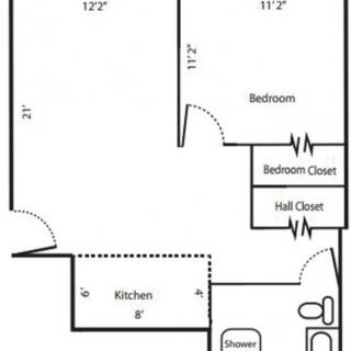 Floor plan of a one-bedroom apartment with kitchen and bathroom.