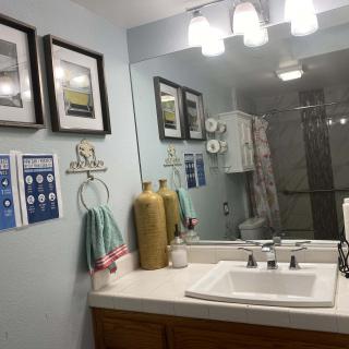 A well-decorated bathroom featuring a large mirror, a sink with modern fixtures, and framed artwork on the wall.