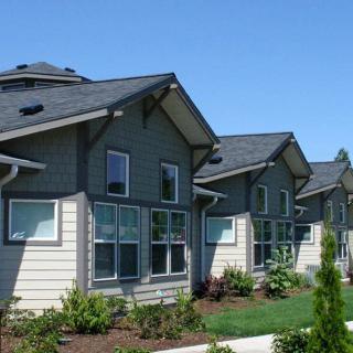 A row of suburban houses with well-maintained lawns under a clear blue sky.