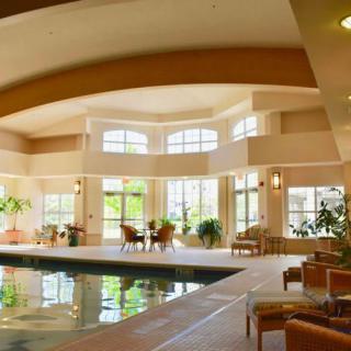 A luxurious indoor pool area with ample natural light and comfortable seating.