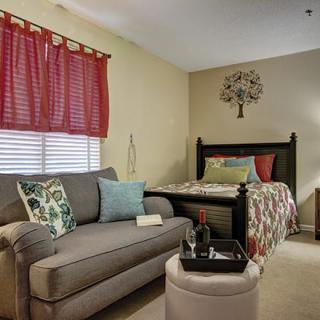 A cozy living space featuring a sofa and a bed with vibrant cushions and curtains.
