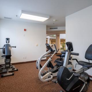 A small gym with various exercise machines and equipment.