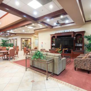 A cozy lounge area with comfortable seating, a large television, and decorative plants.