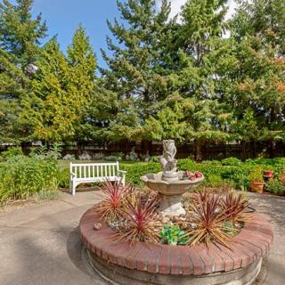 A tranquil garden scene featuring a central fountain surrounded by lush greenery and a white bench.