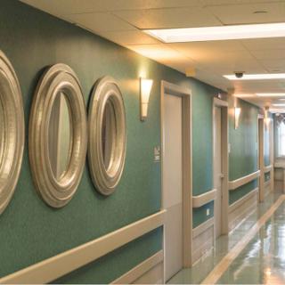 A well-lit hallway featuring decorative mirrors and green walls.