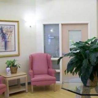 A cozy waiting room with pink chairs, a large plant, and artwork on the wall.