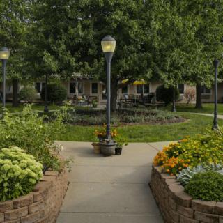 A well-maintained garden with a pathway, surrounded by lush greenery and flowers, featuring a central lamp post.