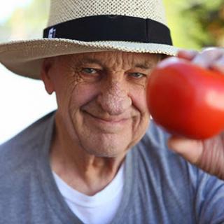 An elderly man proudly holding a ripe tomato, showcasing the fruits of his gardening efforts.