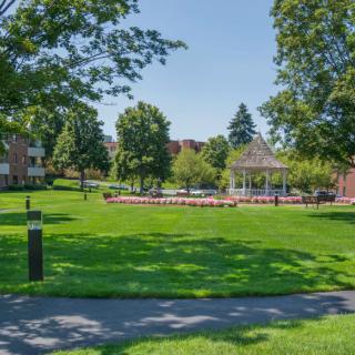 A sunny park with a gazebo surrounded by lush green grass and trees.