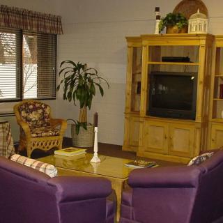 A cozy living room with a wooden entertainment center, purple chairs, and decorative accents.