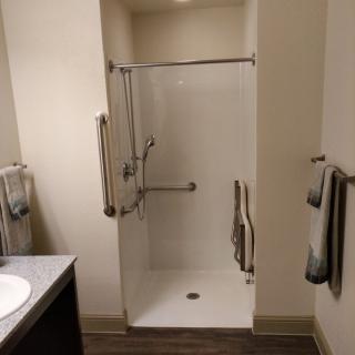 A bathroom with an accessible shower, featuring handrails and towels.