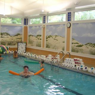 People enjoying aquatic exercises in an indoor swimming pool.
