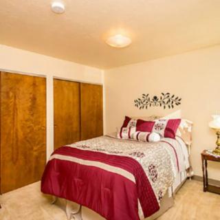A cozy bedroom with a neatly made bed, closet doors, and decorative wall art.