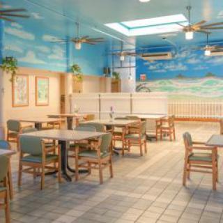 A brightly lit restaurant interior with tables and chairs, featuring a tropical mural on the walls.