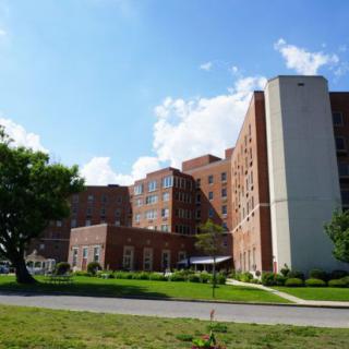 A large hospital building with a spacious lawn under a clear sky.