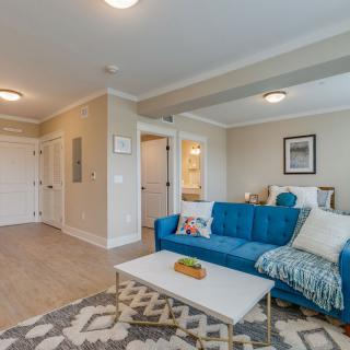A cozy living room featuring a blue sofa, patterned rug, and modern decor.