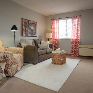 Cozy living room with a sofa, armchair, and a coffee table on a rug.