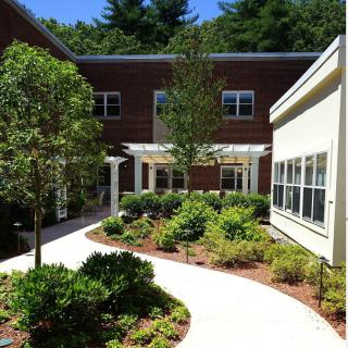 A landscaped garden with a pathway leading to a building surrounded by greenery.