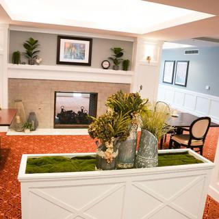 A cozy living room with a fireplace, elegant decor, and lush plants.