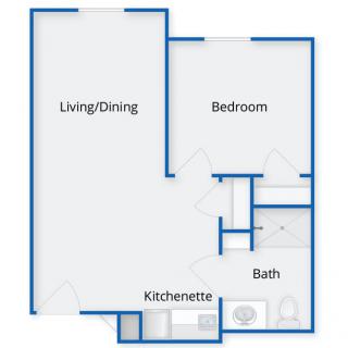 A blueprint of a one-bedroom apartment featuring a living/dining area, kitchenette, and bathroom.