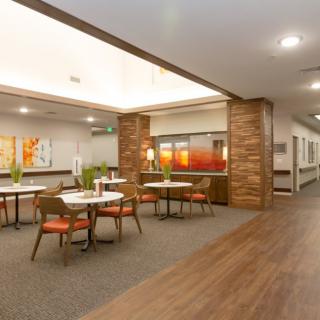 A modern dining area with stylish d�cor and neatly arranged tables and chairs.