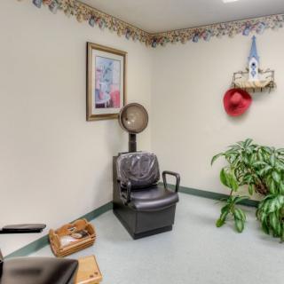 A cozy waiting room featuring a salon chair, decorated walls, and greenery.