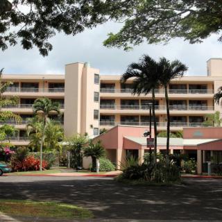 A tropical hotel surrounded by palm trees and lush greenery.
