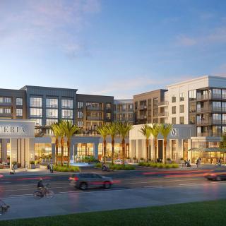 A modern multi-story residential building with palm trees lining the entrance.